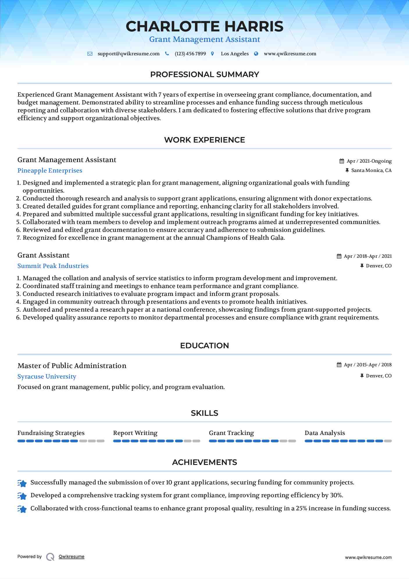 Grant Management Assistant Resume Sample