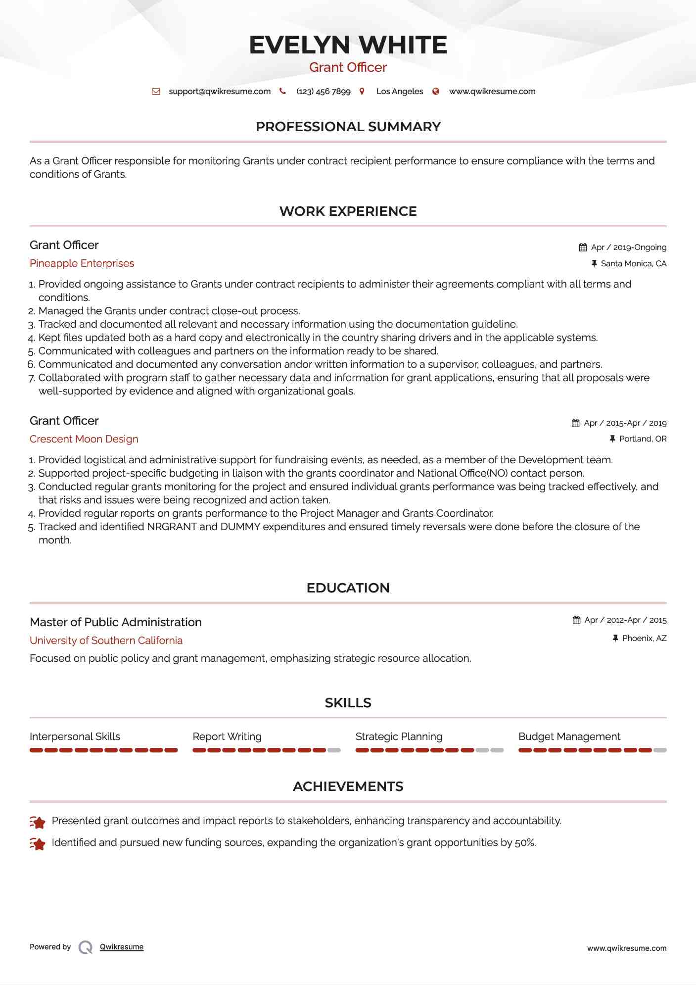 Grant Officer Resume Template