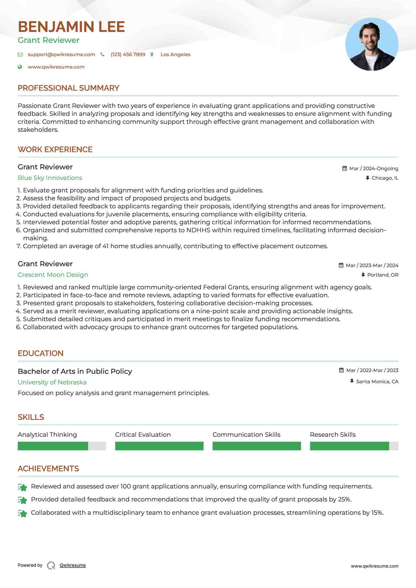 Grant Reviewer Resume Example