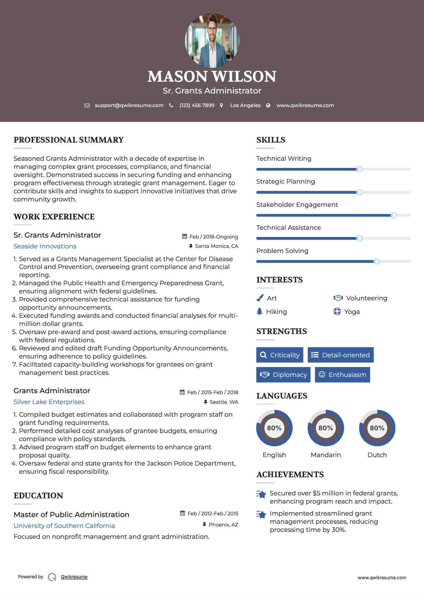 Sr. Grants Administrator Resume Template
