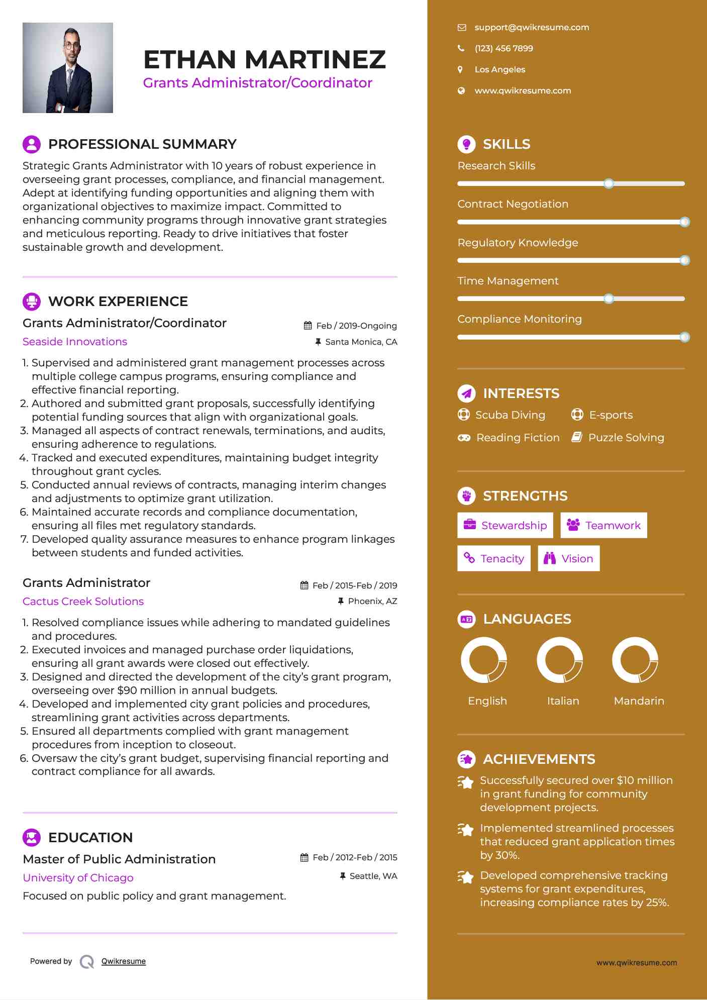 Grants Administrator/Coordinator Resume Example