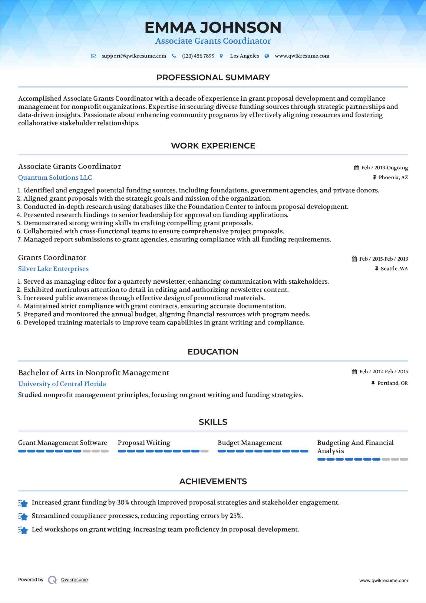 Associate Grants Coordinator Resume Example