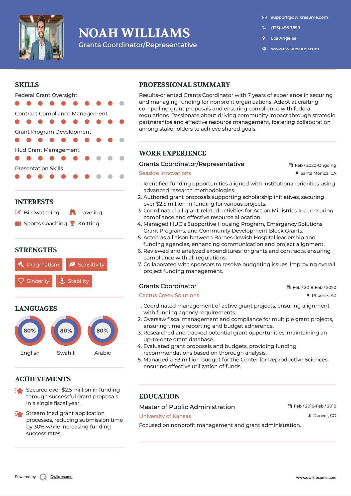 Grants Coordinator/Representative Resume Template