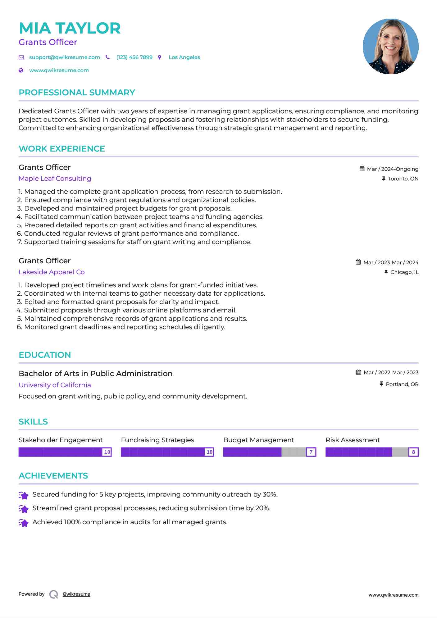 Grants Officer Resume Sample