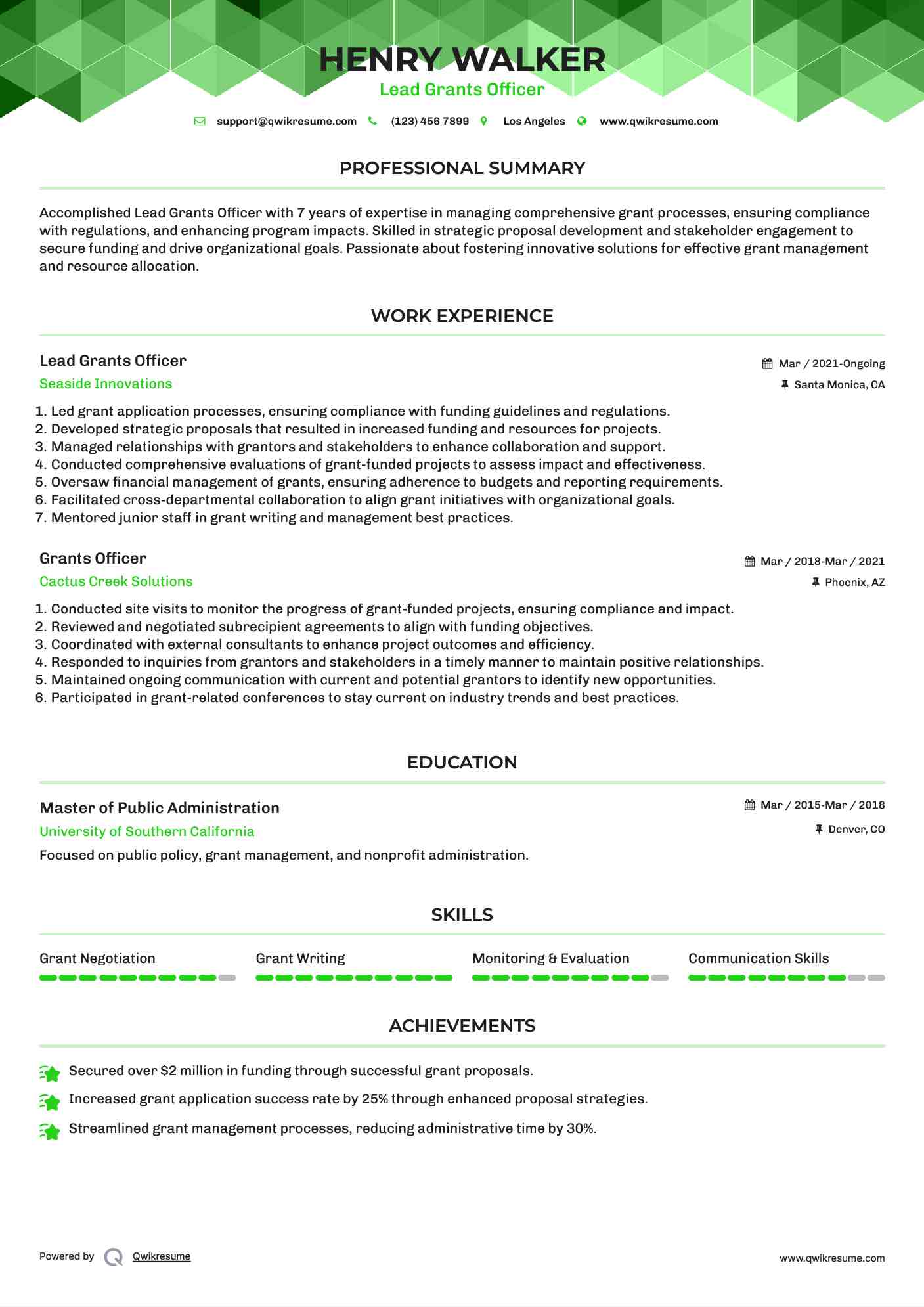 Lead Grants Officer Resume Template