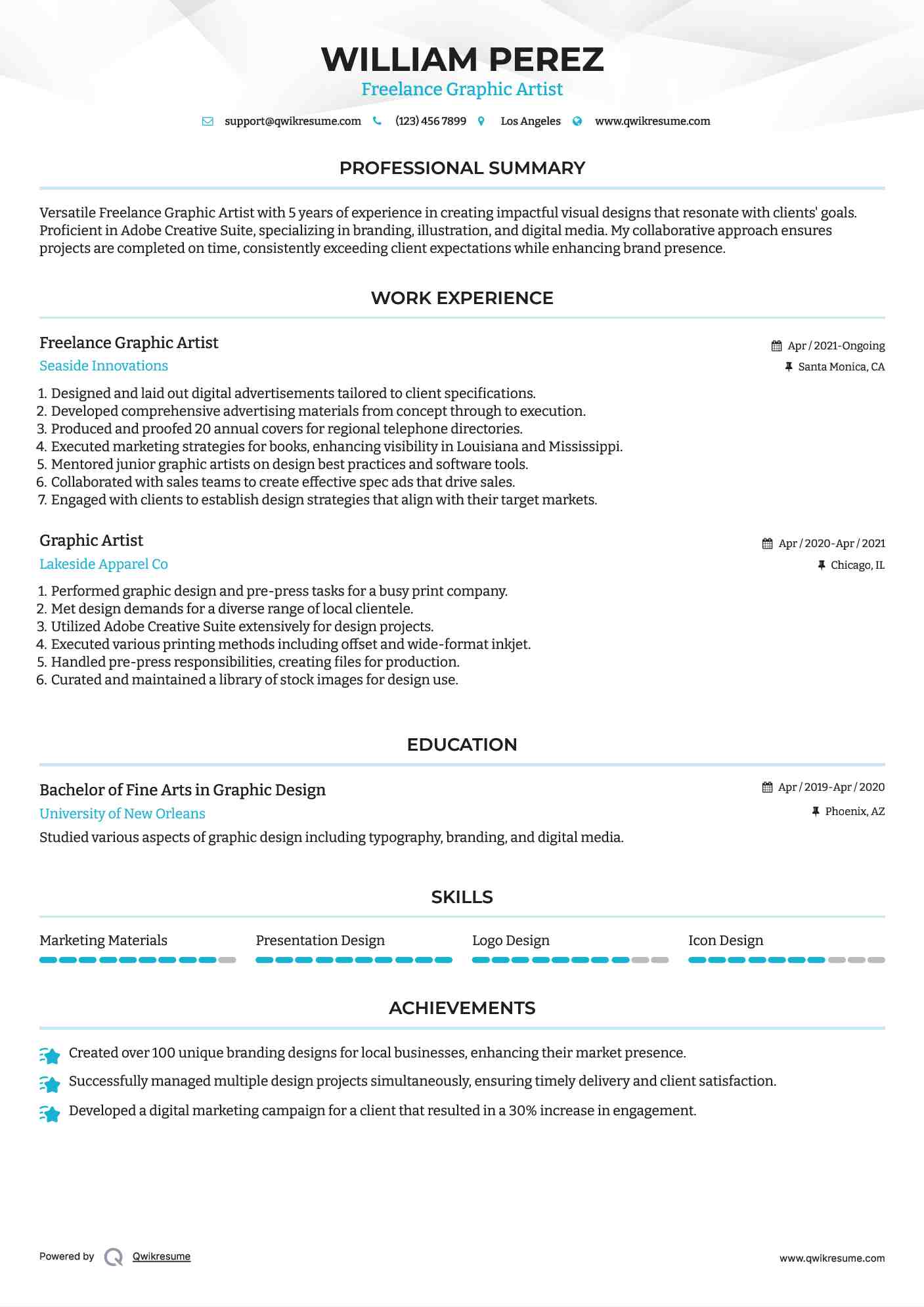 Freelance Graphic Artist
 Resume Example