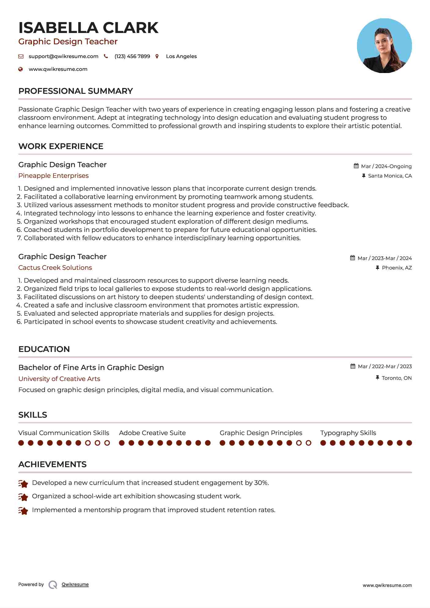 Graphic Design Teacher Resume Example
