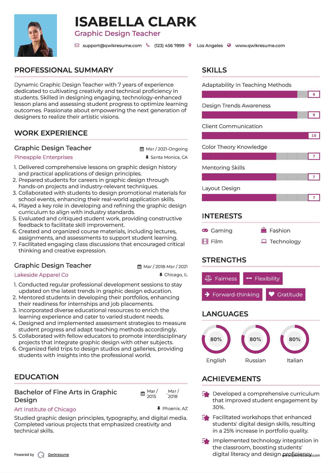 Graphic Design Teacher Resume Sample