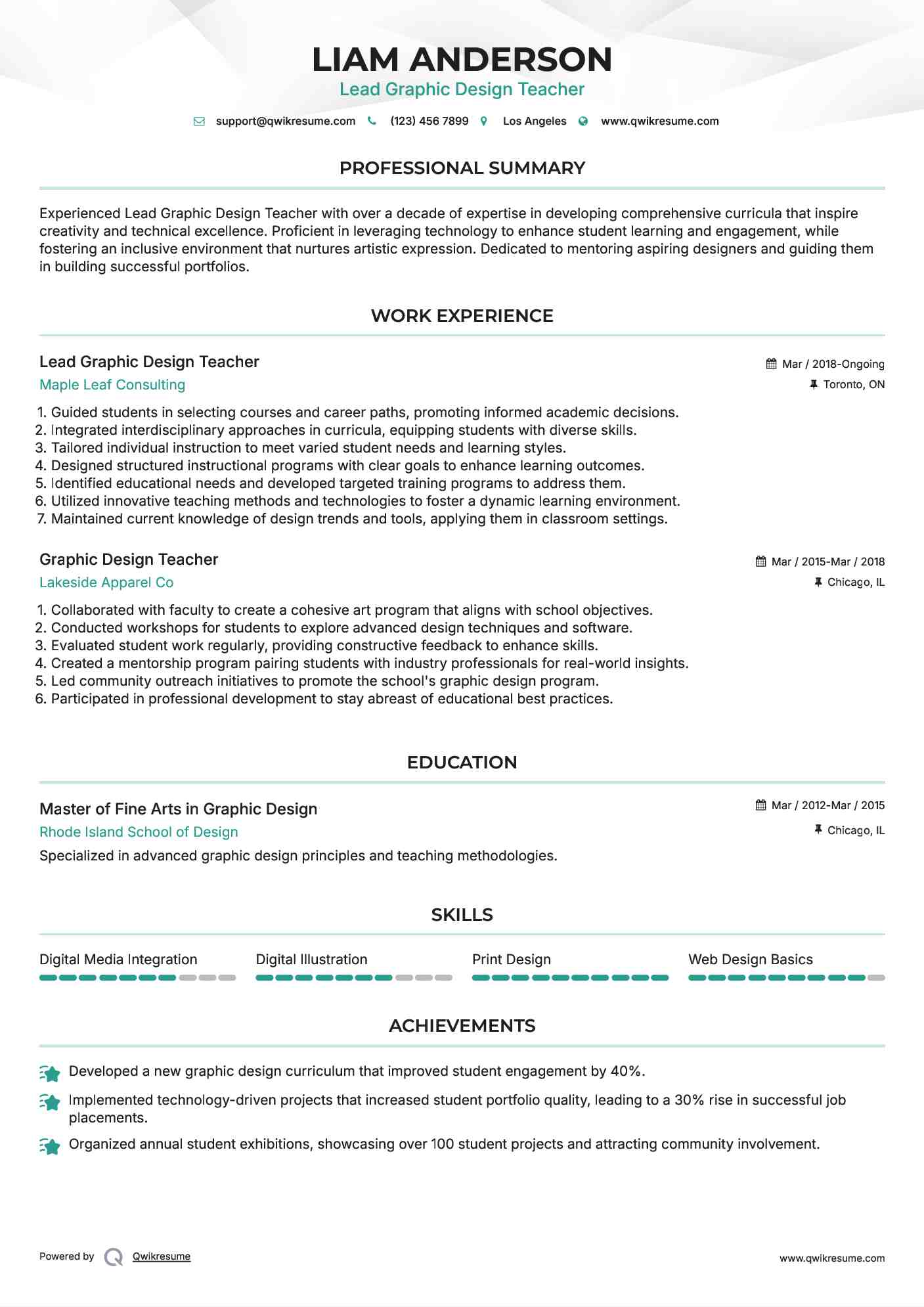 Lead Graphic Design Teacher Resume Sample