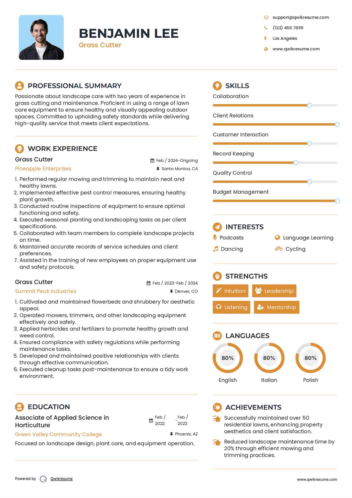 Grass Cutter Resume Example