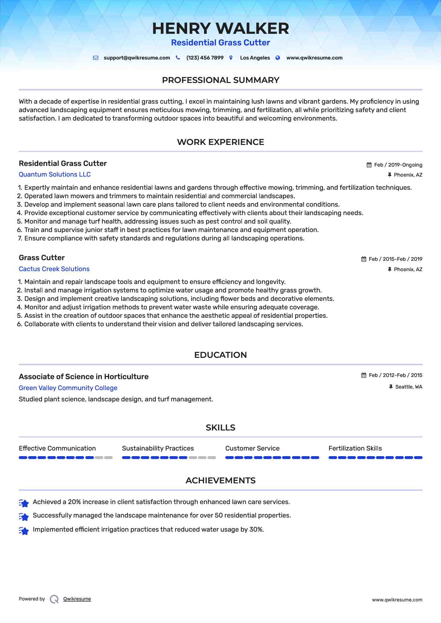 Residential Grass Cutter Resume Sample