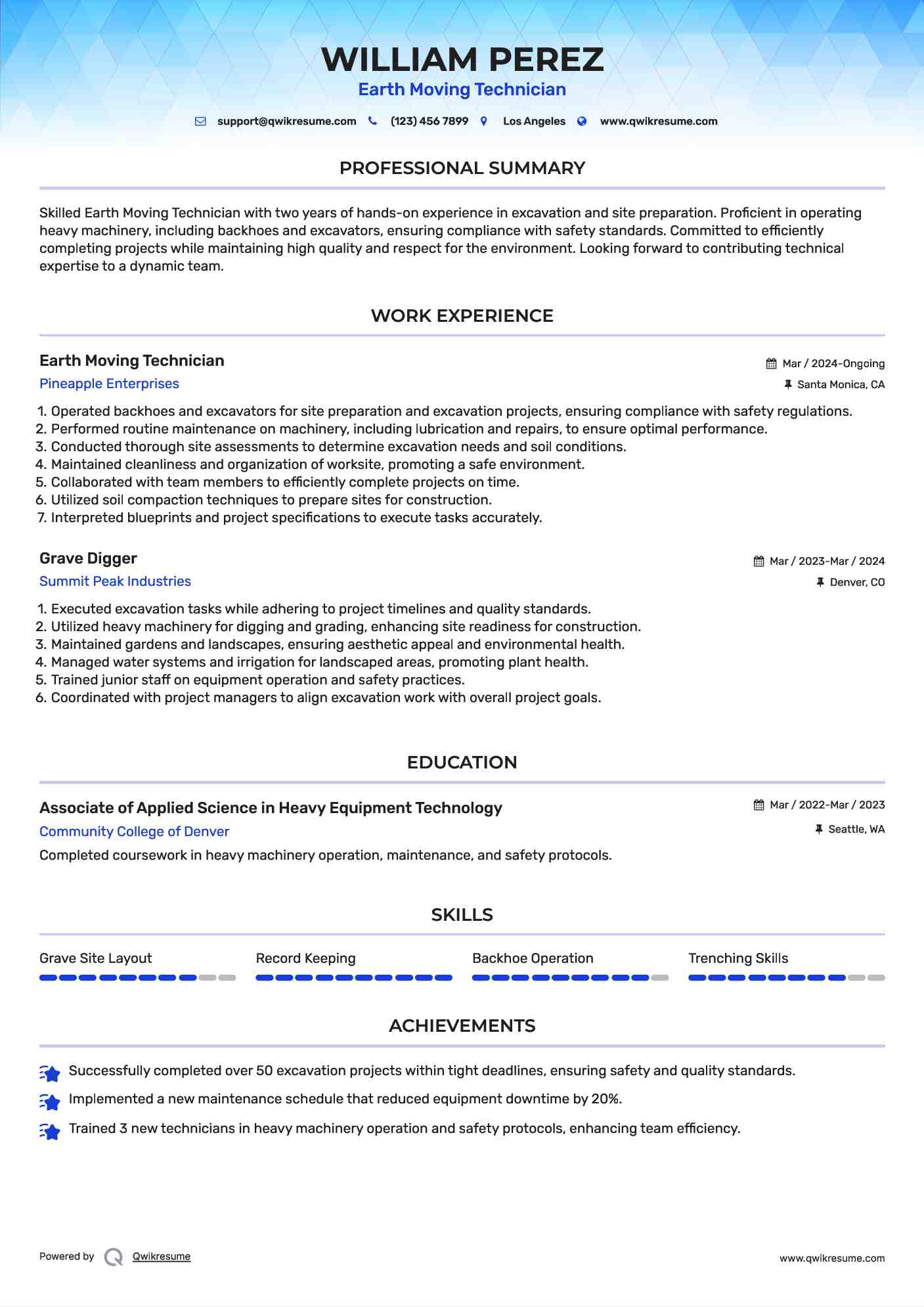 Earth Moving Technician Resume Model
