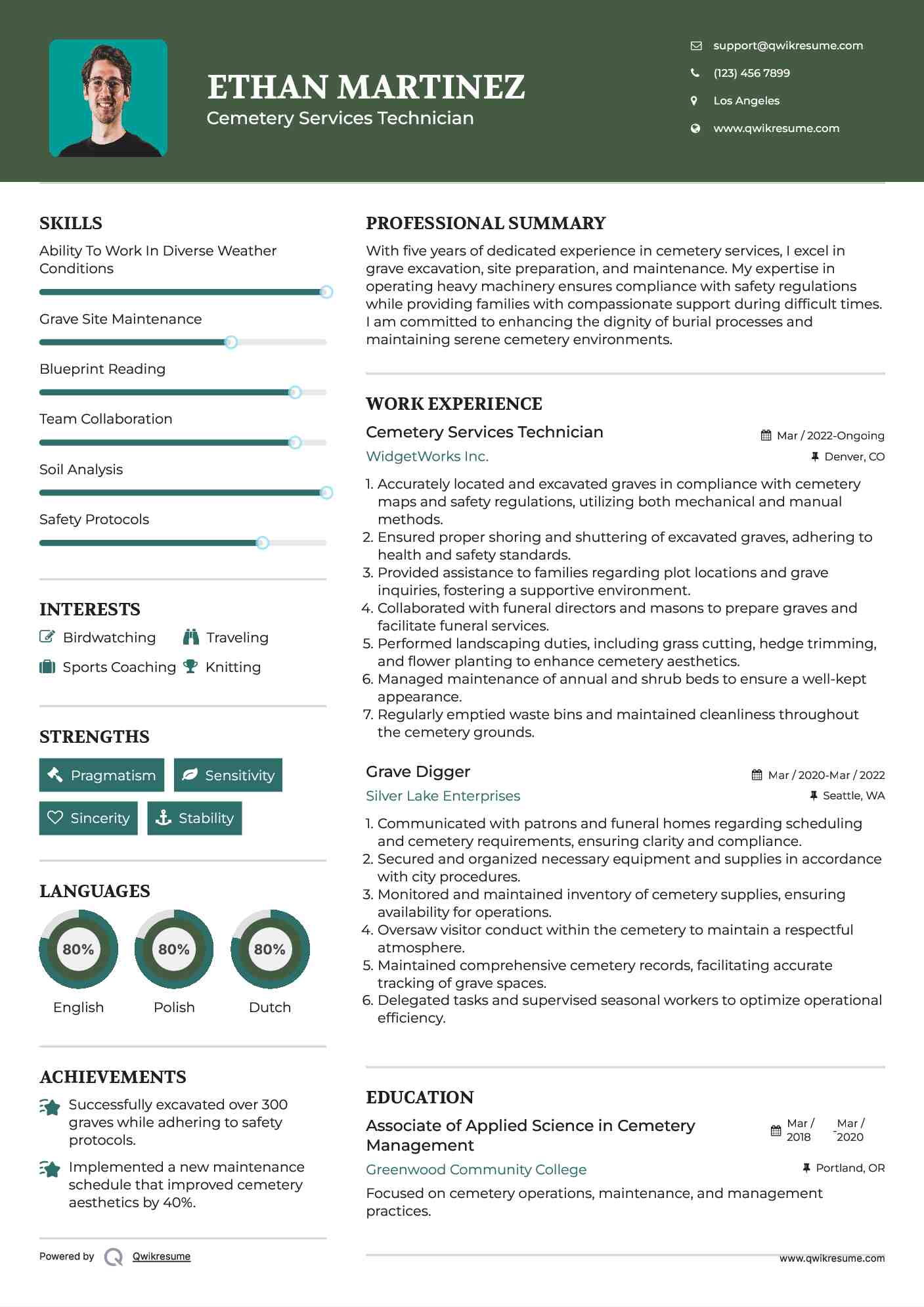 Cemetery Services Technician Resume Sample