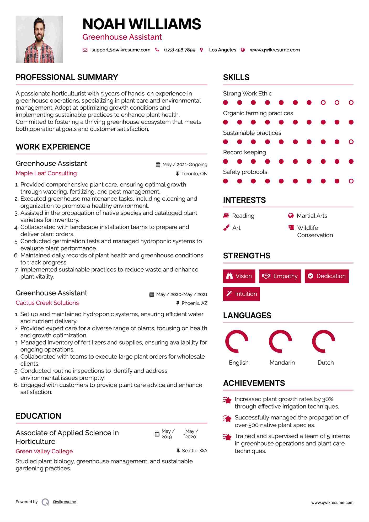 Greenhouse Assistant Resume Model
