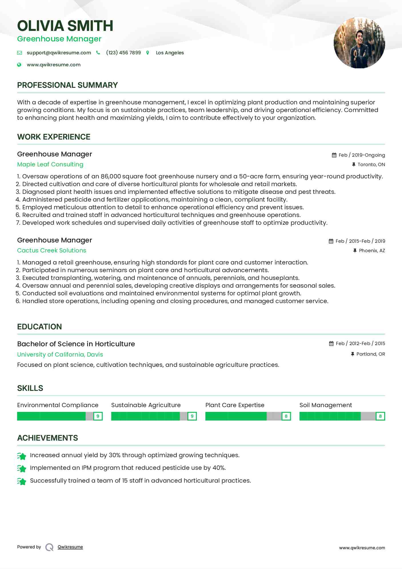 Greenhouse Manager Resume Samples QwikResume