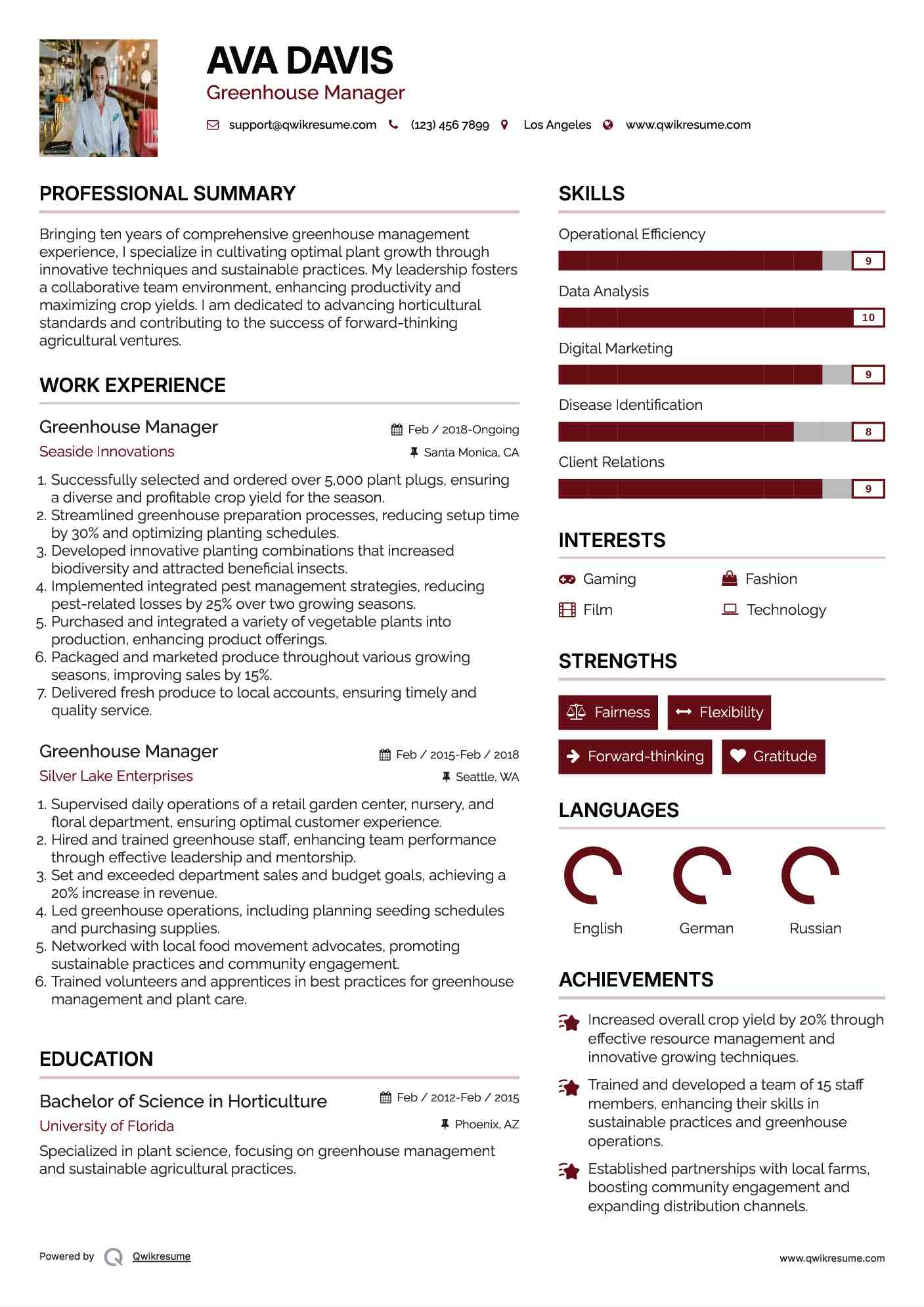 Greenhouse Manager Resume Samples QwikResume