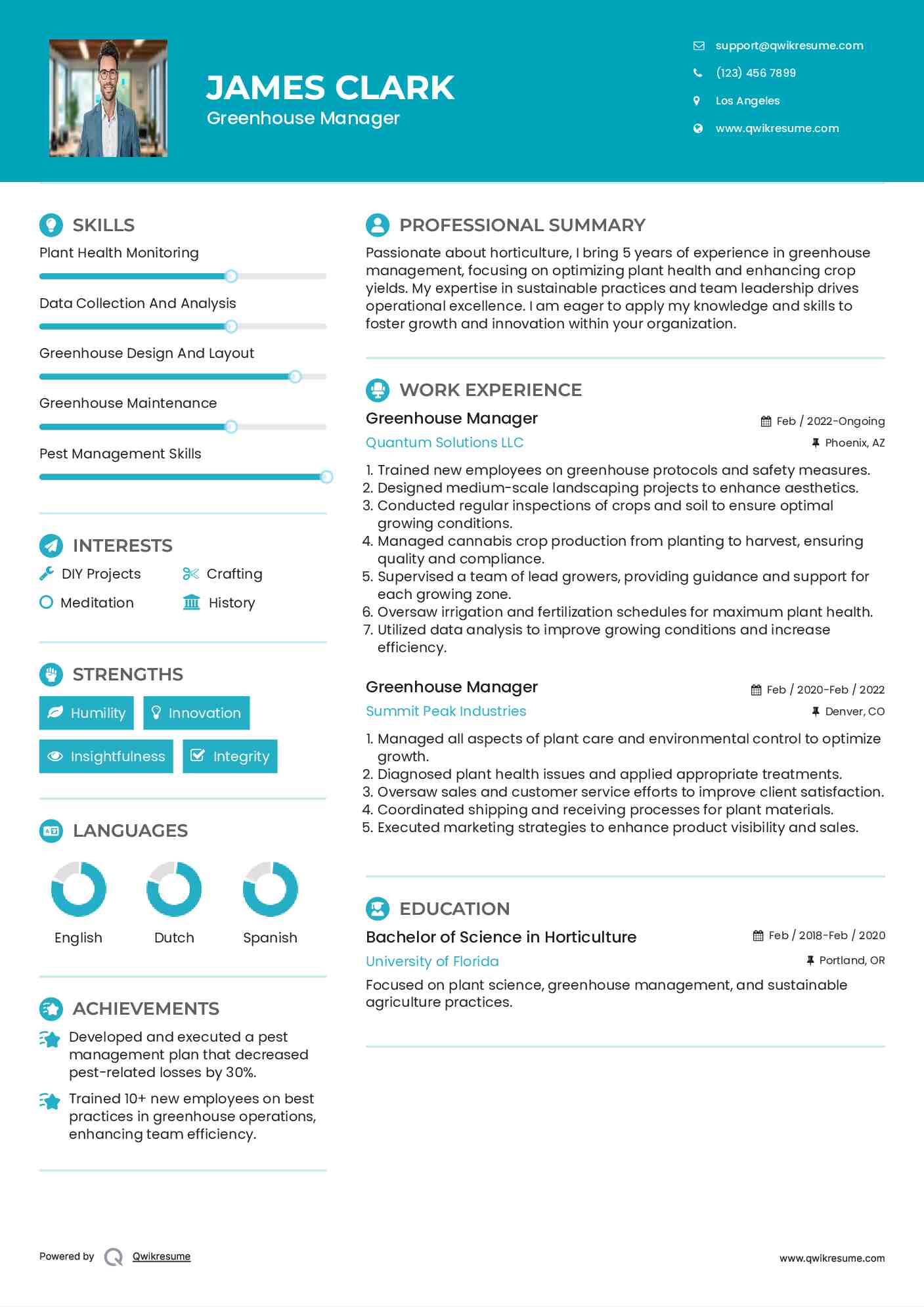 Greenhouse Manager Resume Samples QwikResume