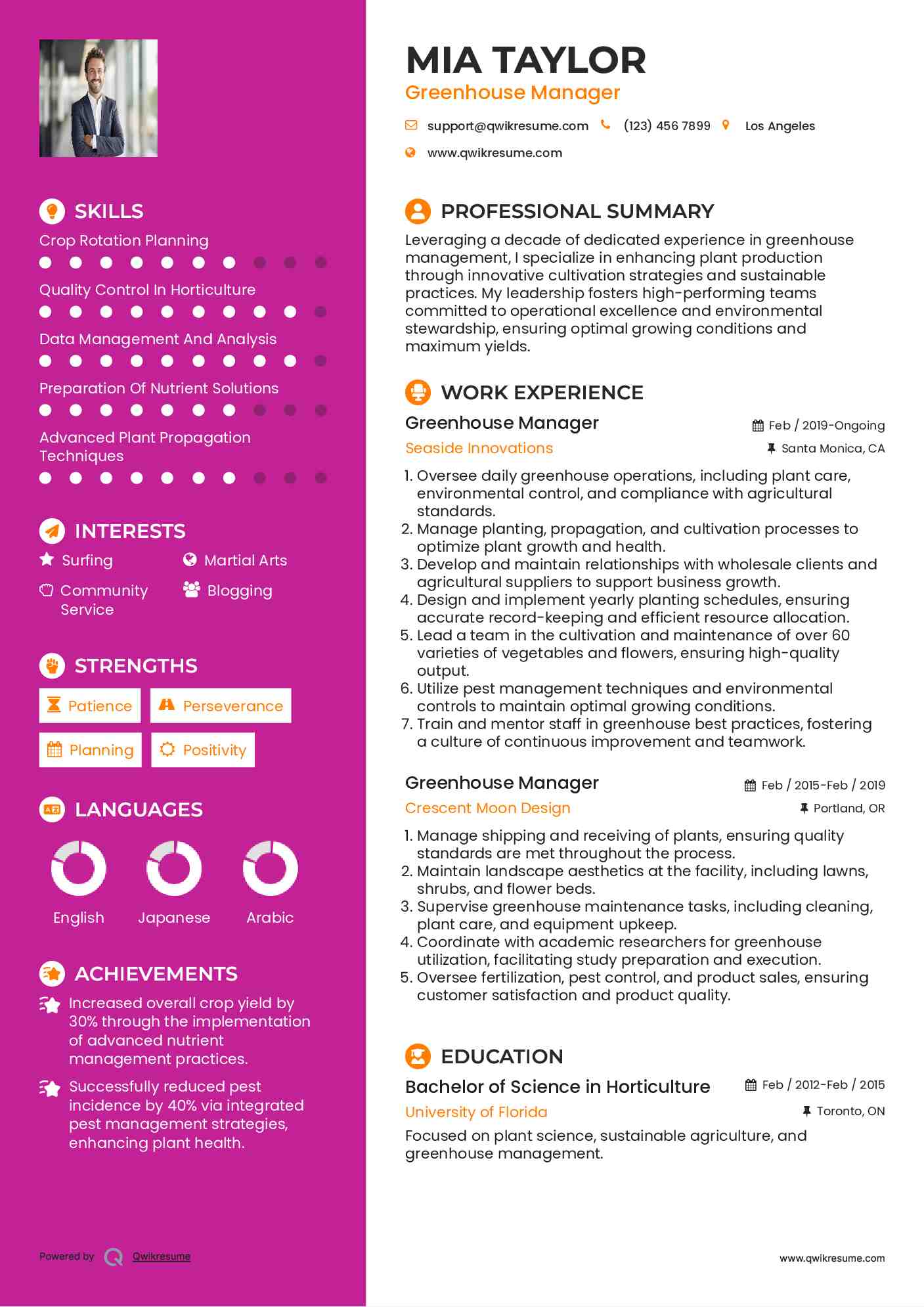 Greenhouse Manager Resume Samples QwikResume