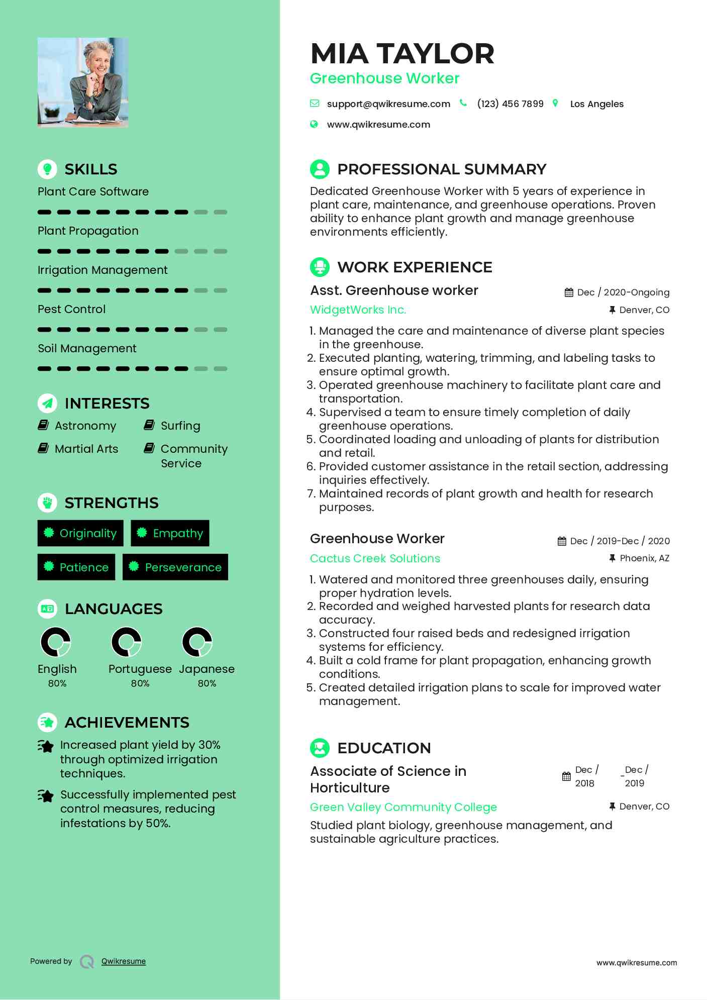 Asst. Greenhouse worker Resume Sample