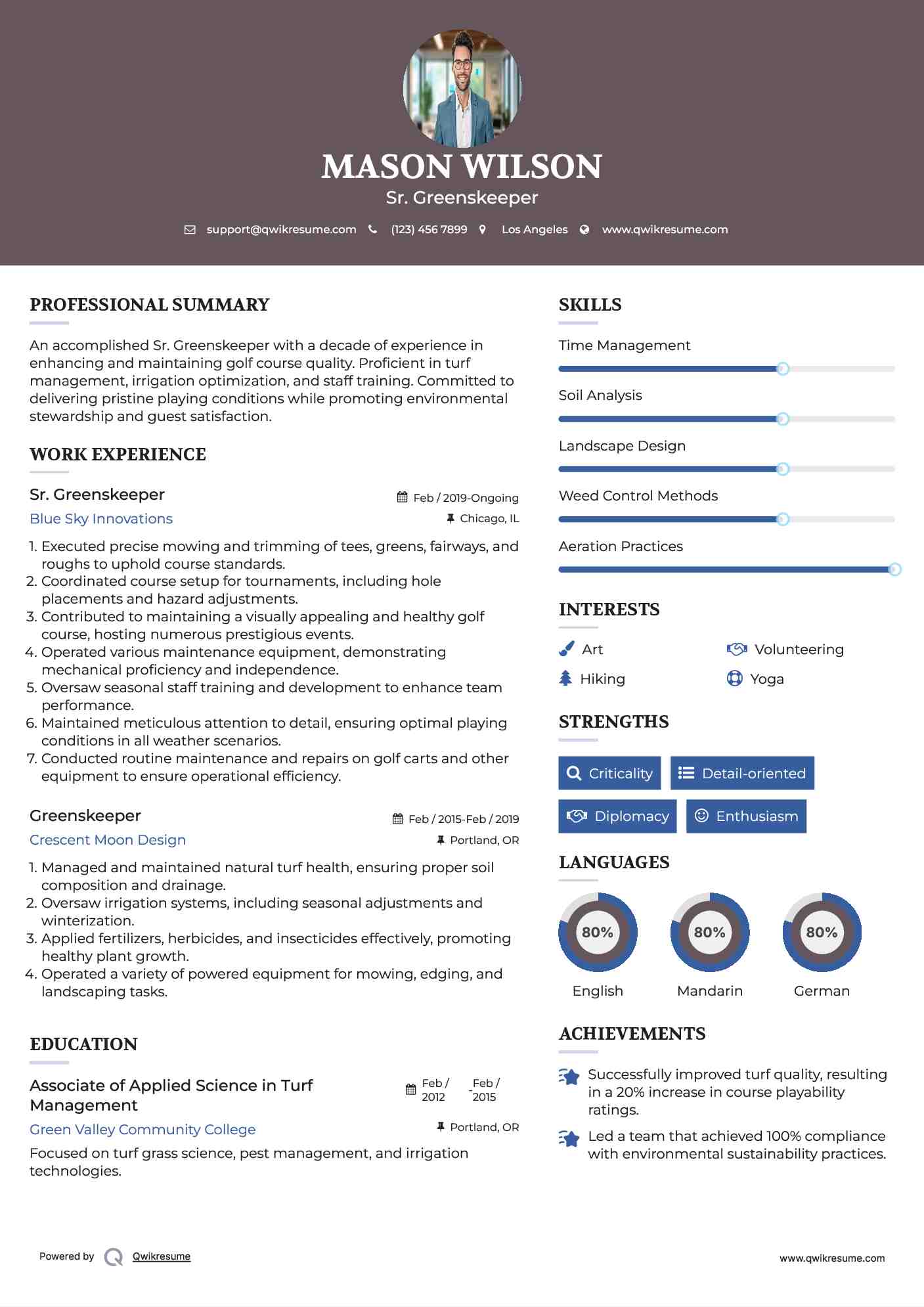 Sr. Greenskeeper Resume Template