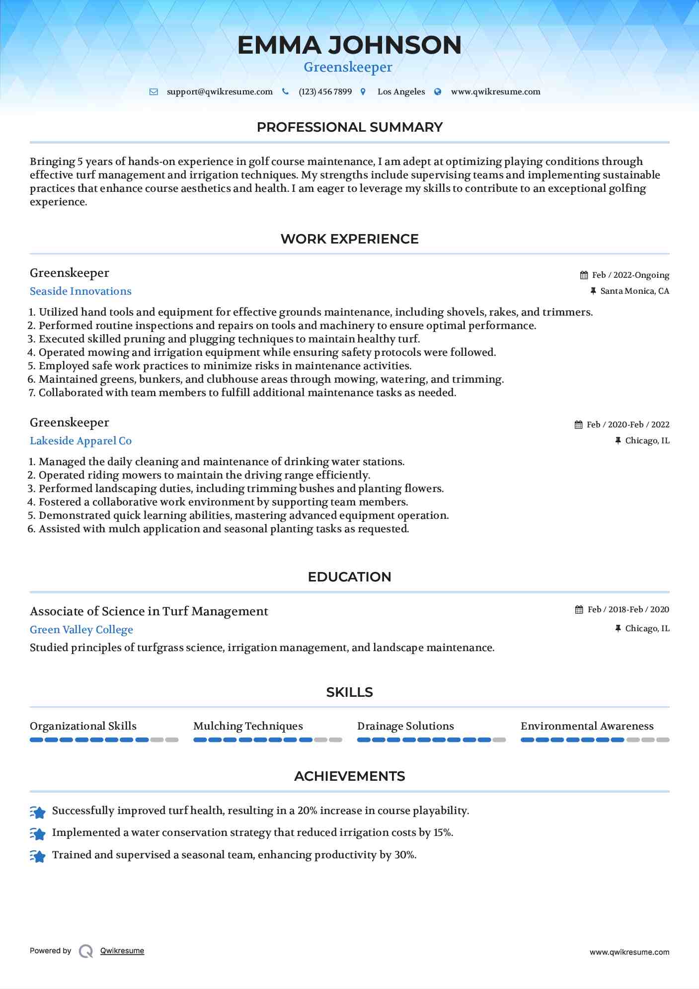 Greenskeeper  Resume Format