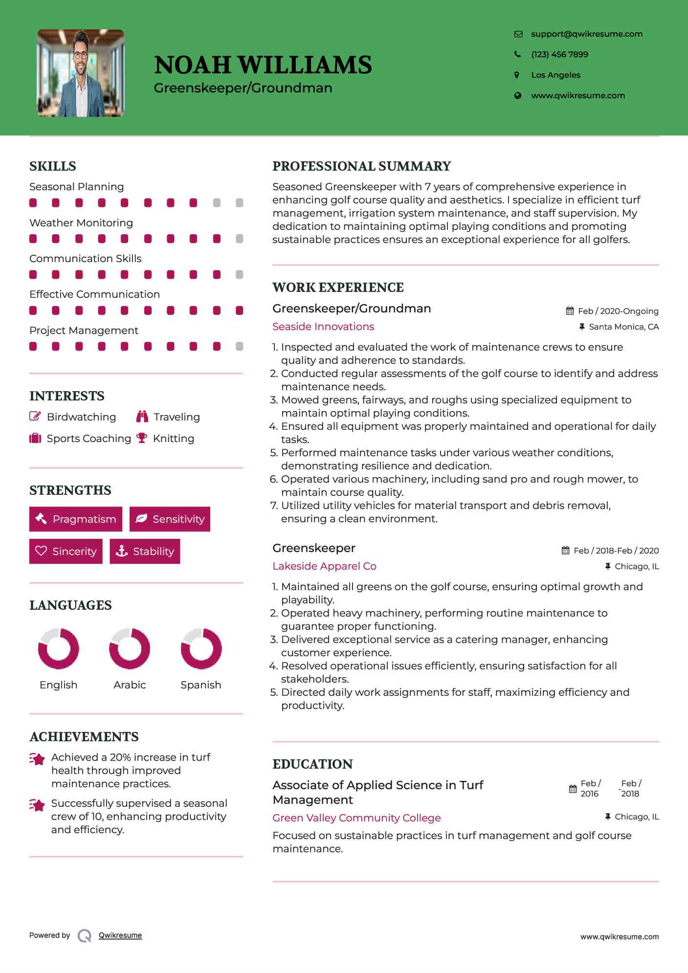 Greenskeeper/Groundman Resume Format