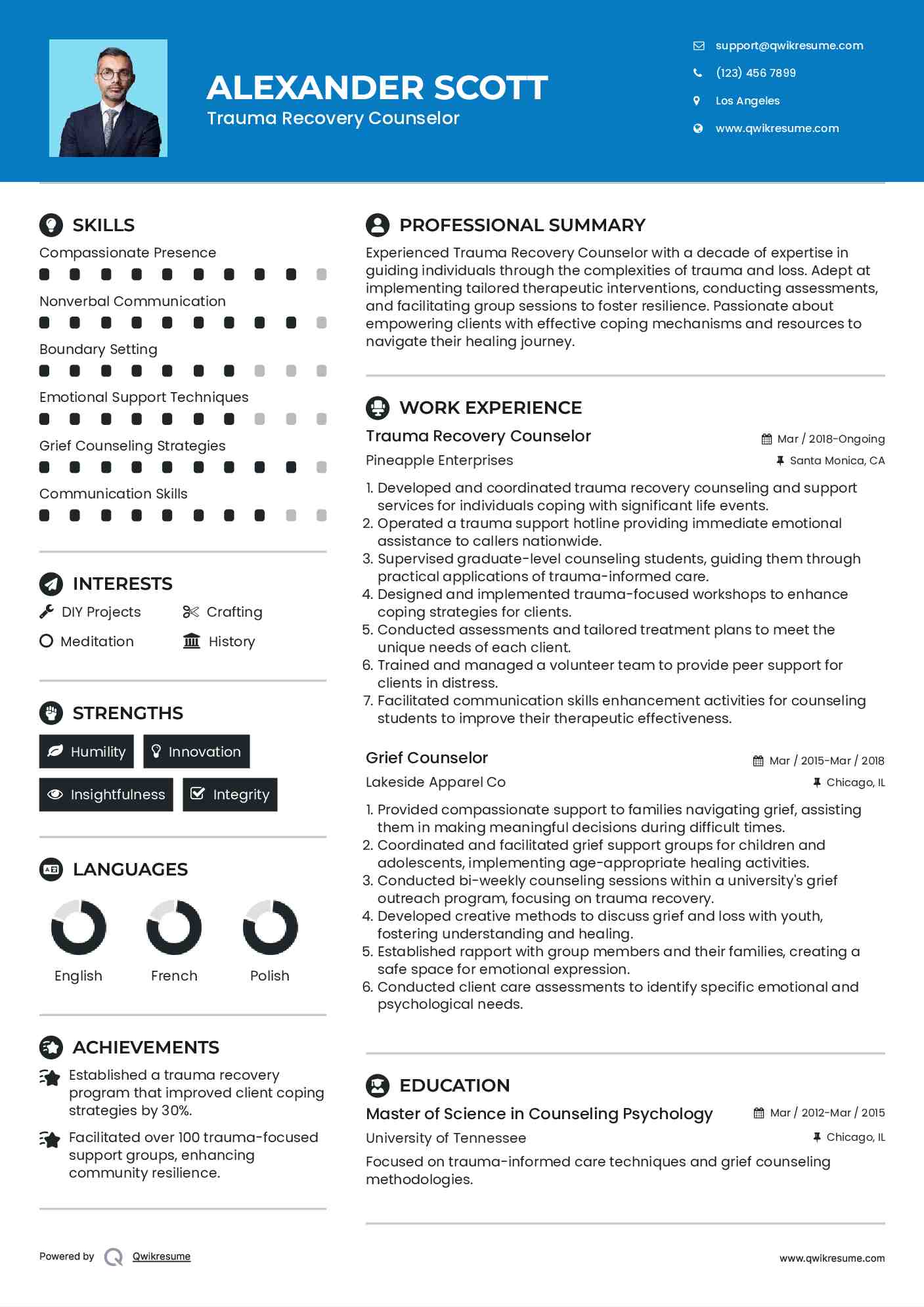 Trauma Recovery Counselor Resume Sample