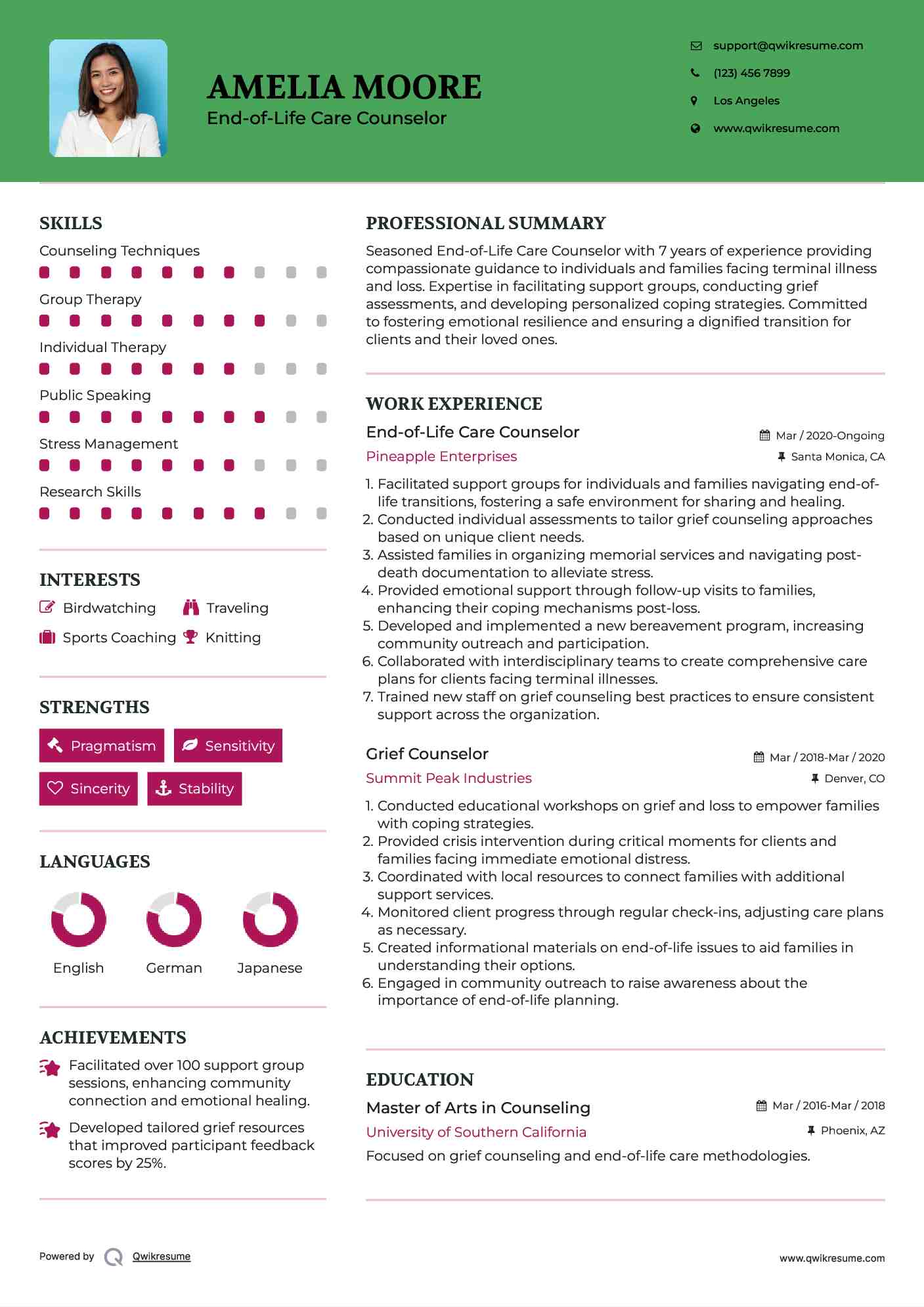 End-of-Life Care Counselor Resume Example