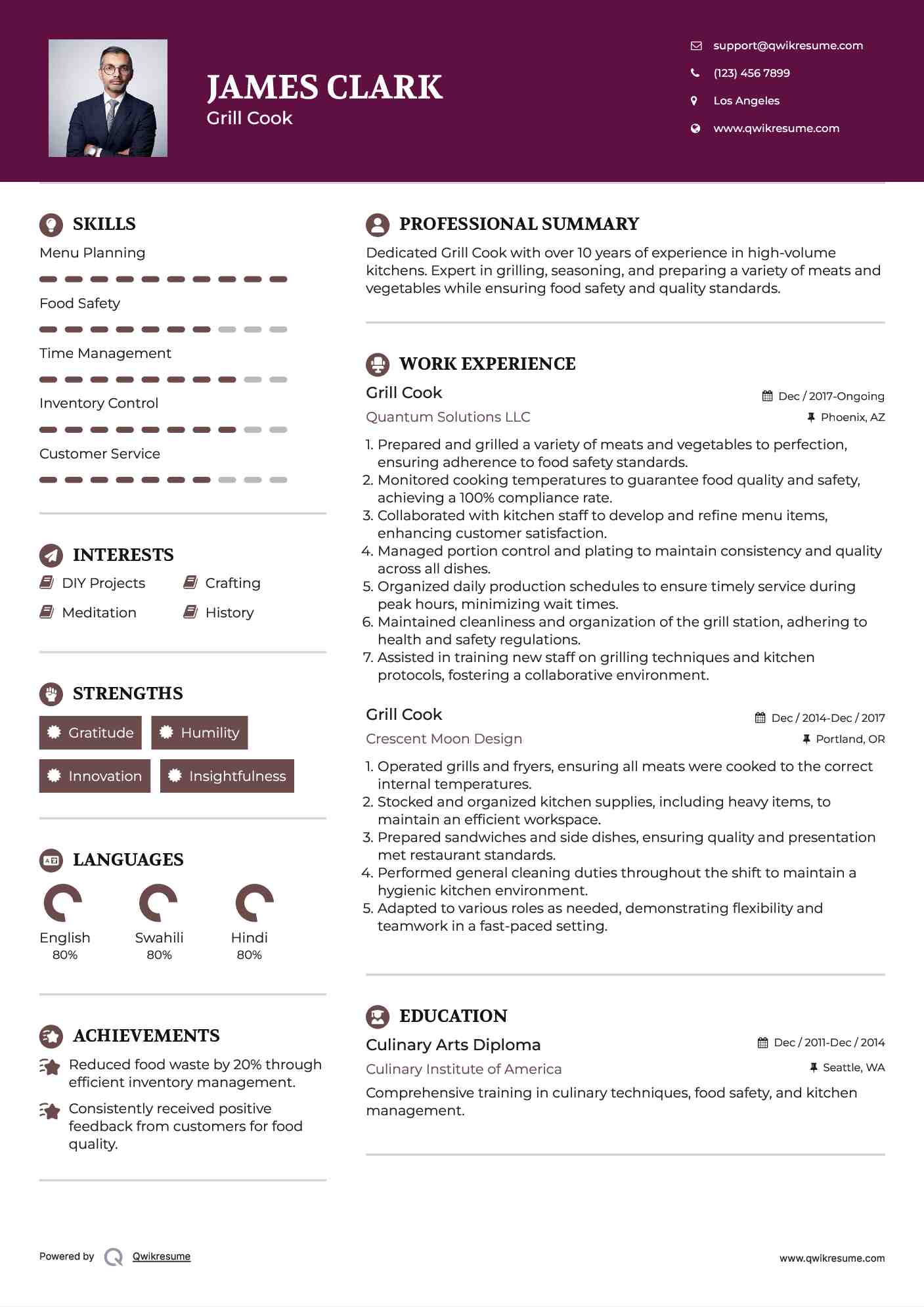 Grill Cook Resume Samples QwikResume