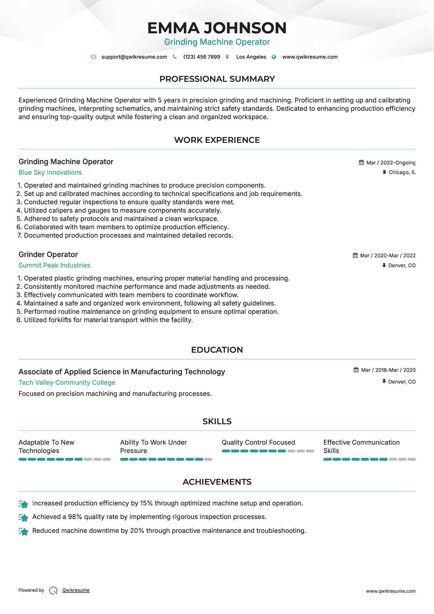 Grinder Operator Resume Samples QwikResume