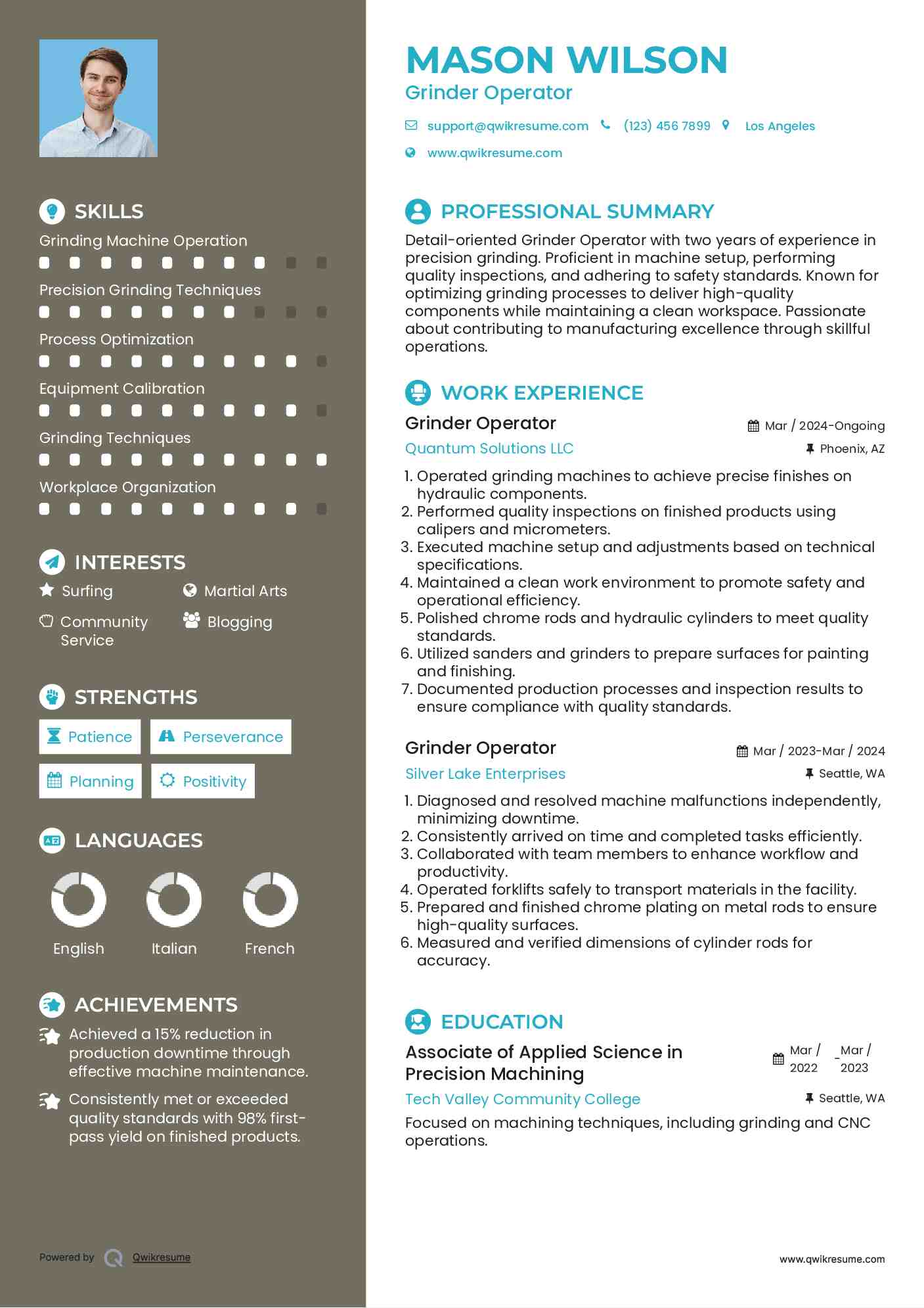 Grinder Operator Resume Samples QwikResume