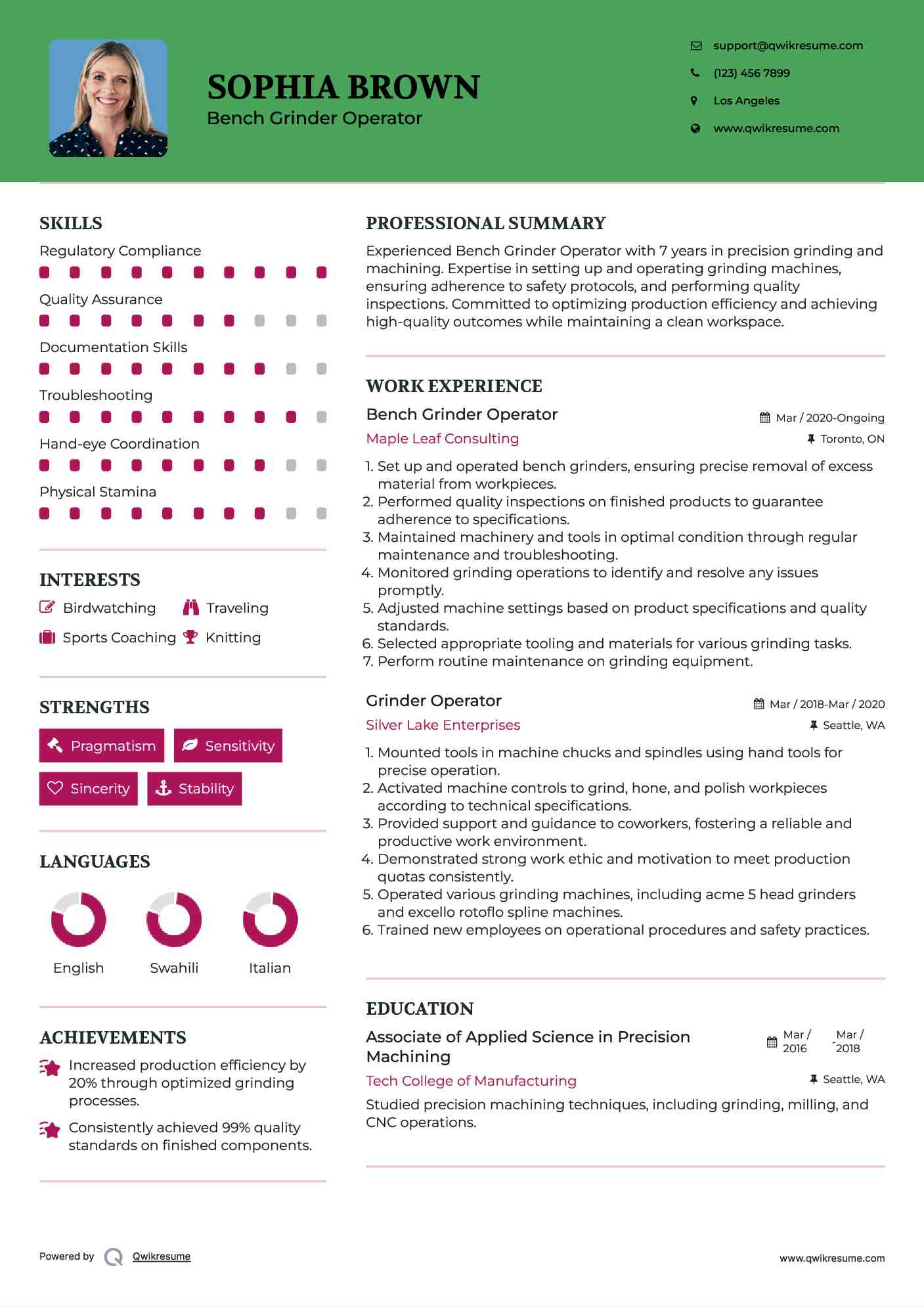 Bench Grinder Operator
 Resume Format