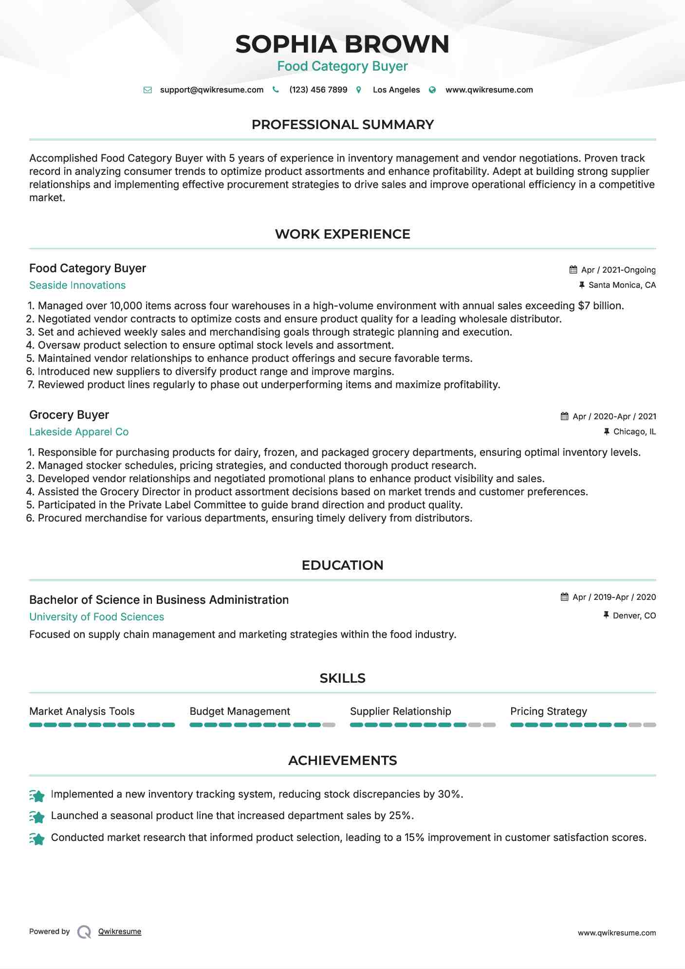 Food Category Buyer Resume Model