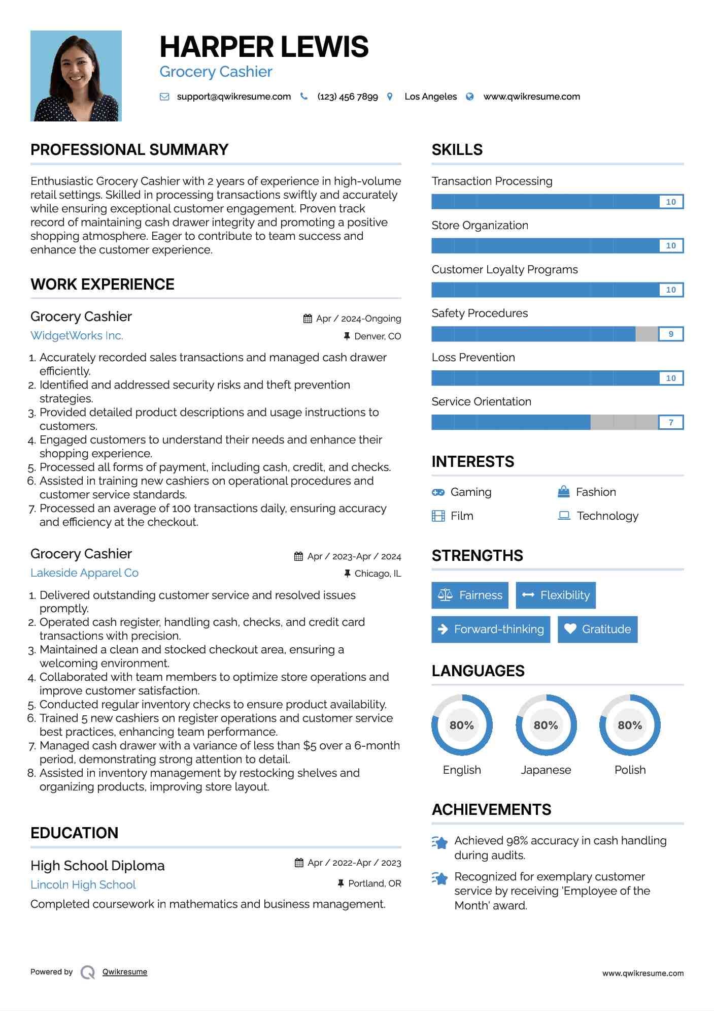 Grocery Cashier Resume Model