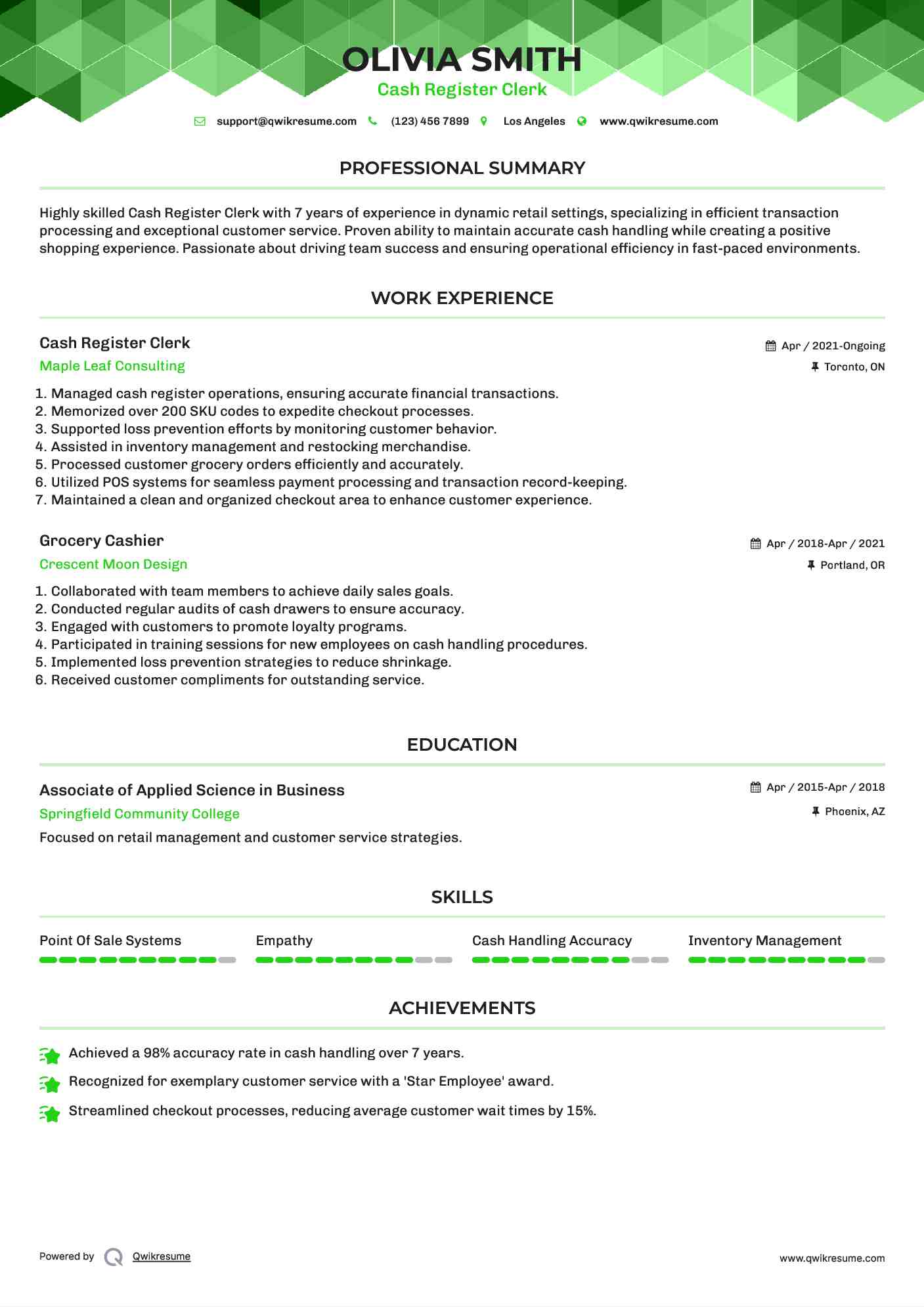 Cash Register Clerk Resume Model