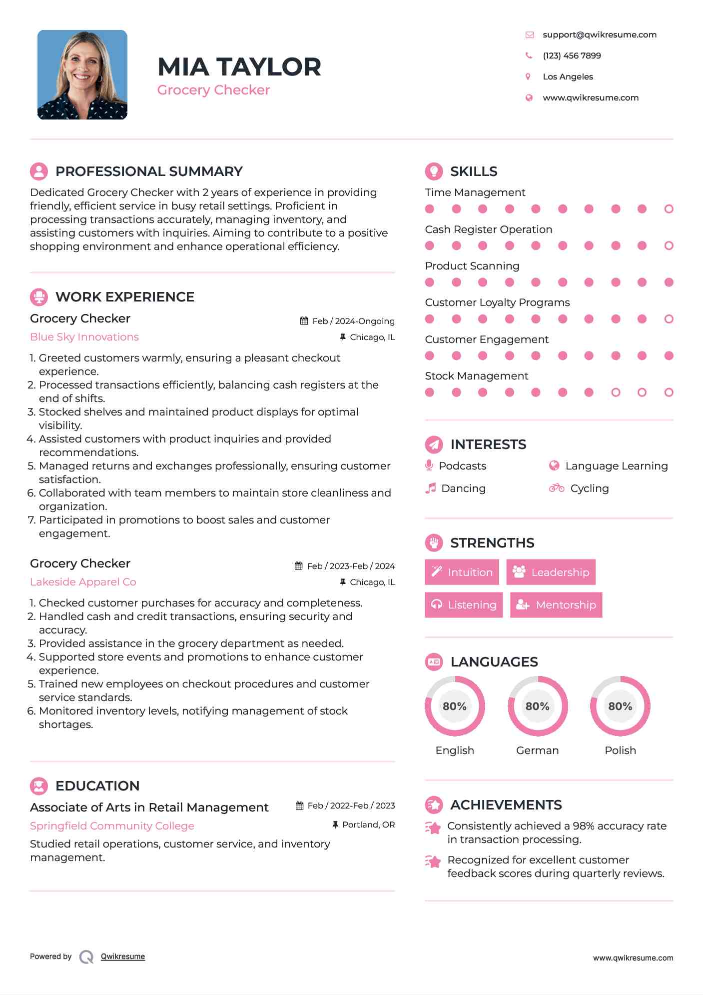 Grocery Checker Resume Example