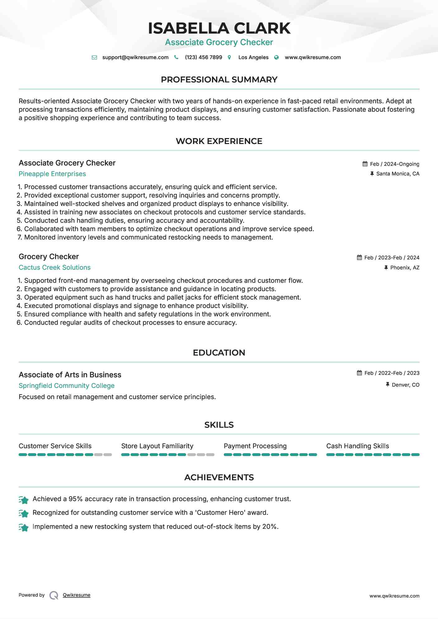 Associate Grocery Checker  Resume Template