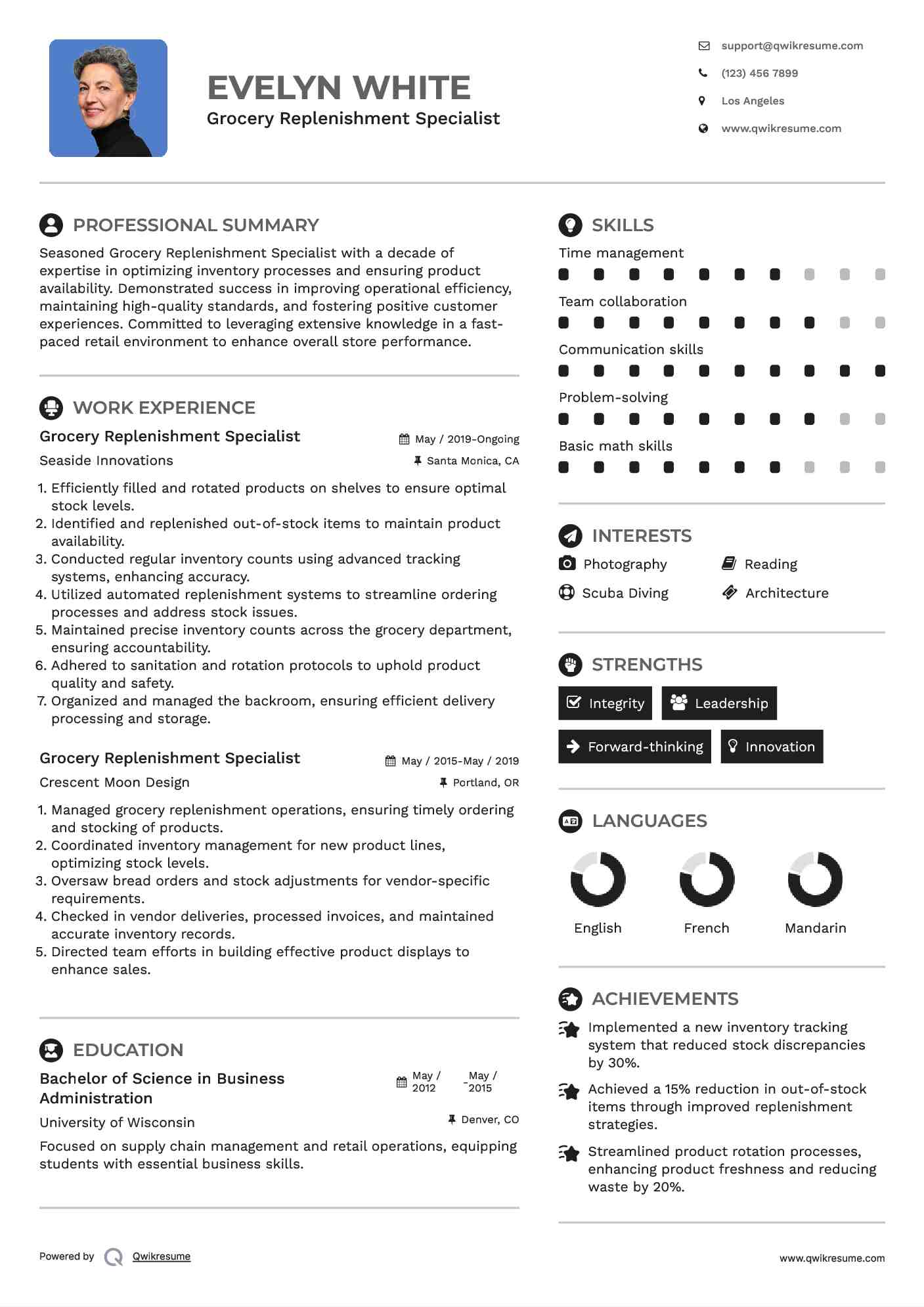 Grocery Replenishment Specialist Resume Sample