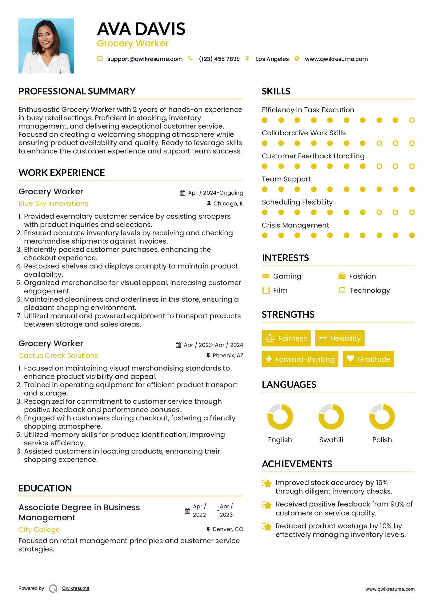 Grocery Worker Resume Sample