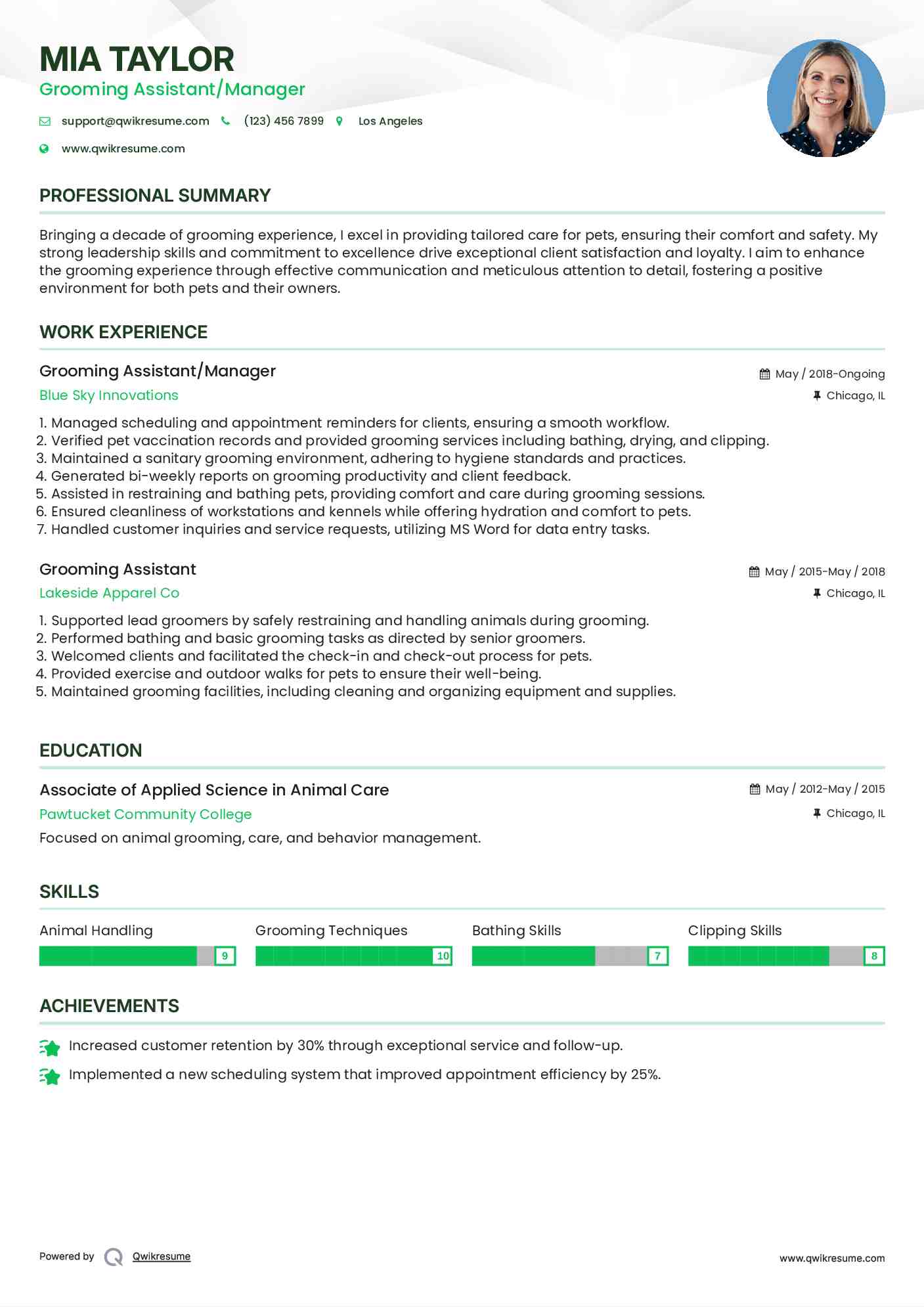 Grooming Assistant/Manager Resume Model