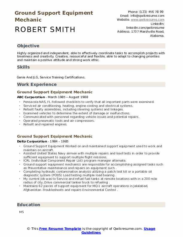 Ground Support Equipment Mechanic Resume Samples QwikResume