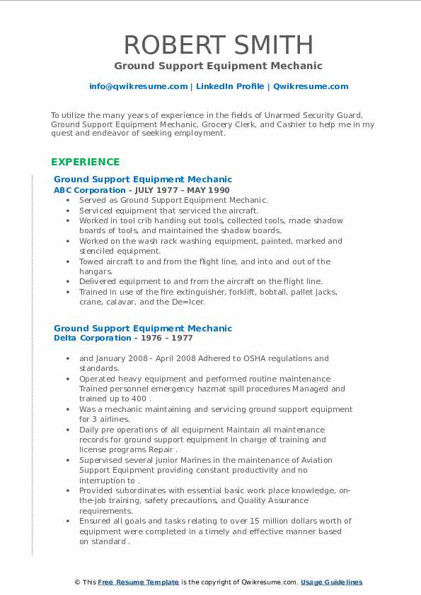 Ground Support Equipment Mechanic Resume Samples QwikResume