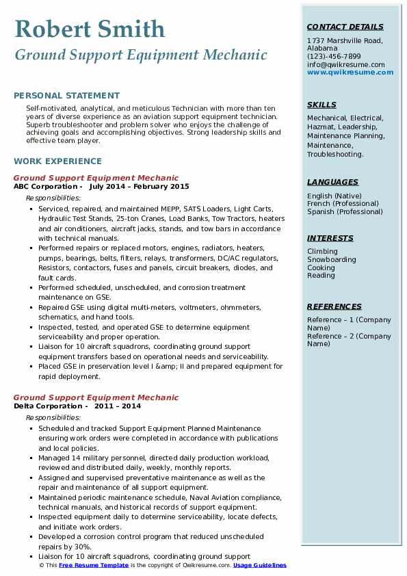 Ground Support Equipment Mechanic Resume Samples QwikResume