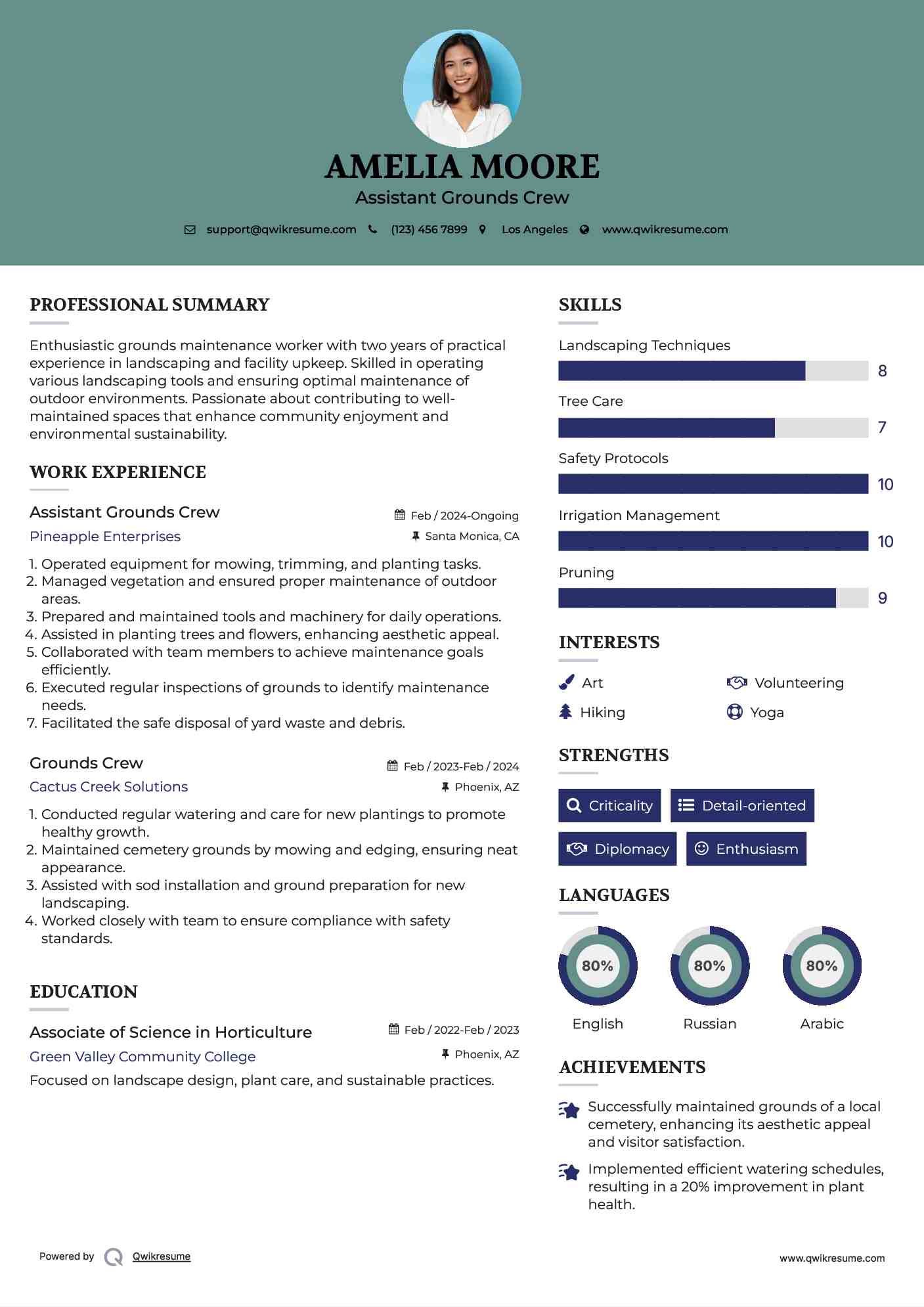 Assistant Grounds Crew  Resume Example