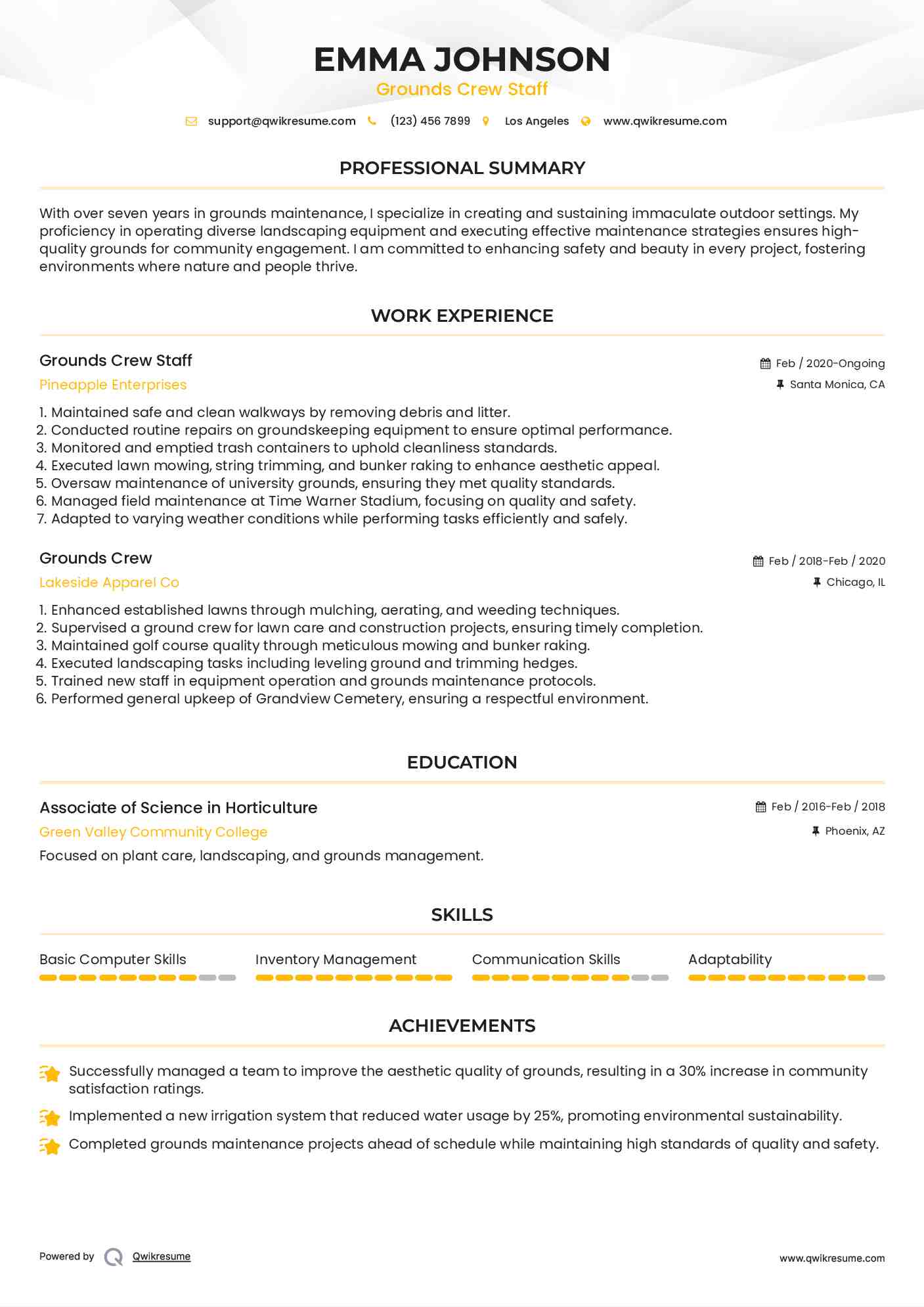Grounds Crew Staff Resume Sample