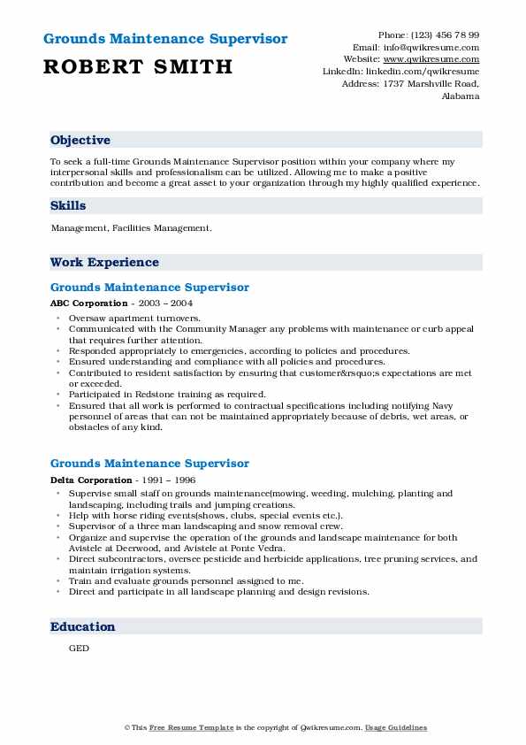 Grounds Maintenance Supervisor Resume Samples QwikResume