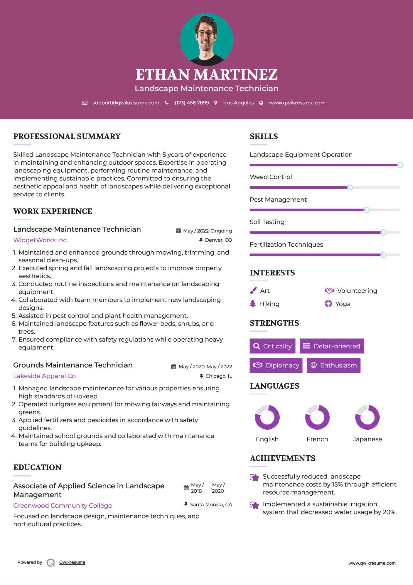 Landscape Maintenance Technician Resume Example