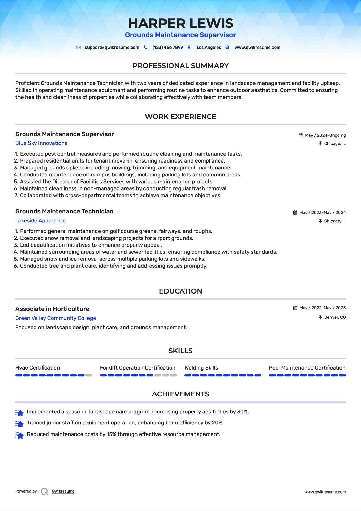 Grounds Maintenance Supervisor Resume Example