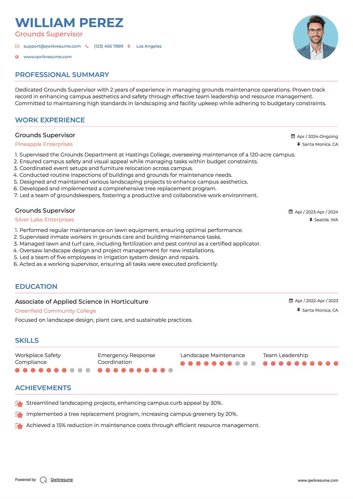 Grounds Supervisor Resume Samples QwikResume