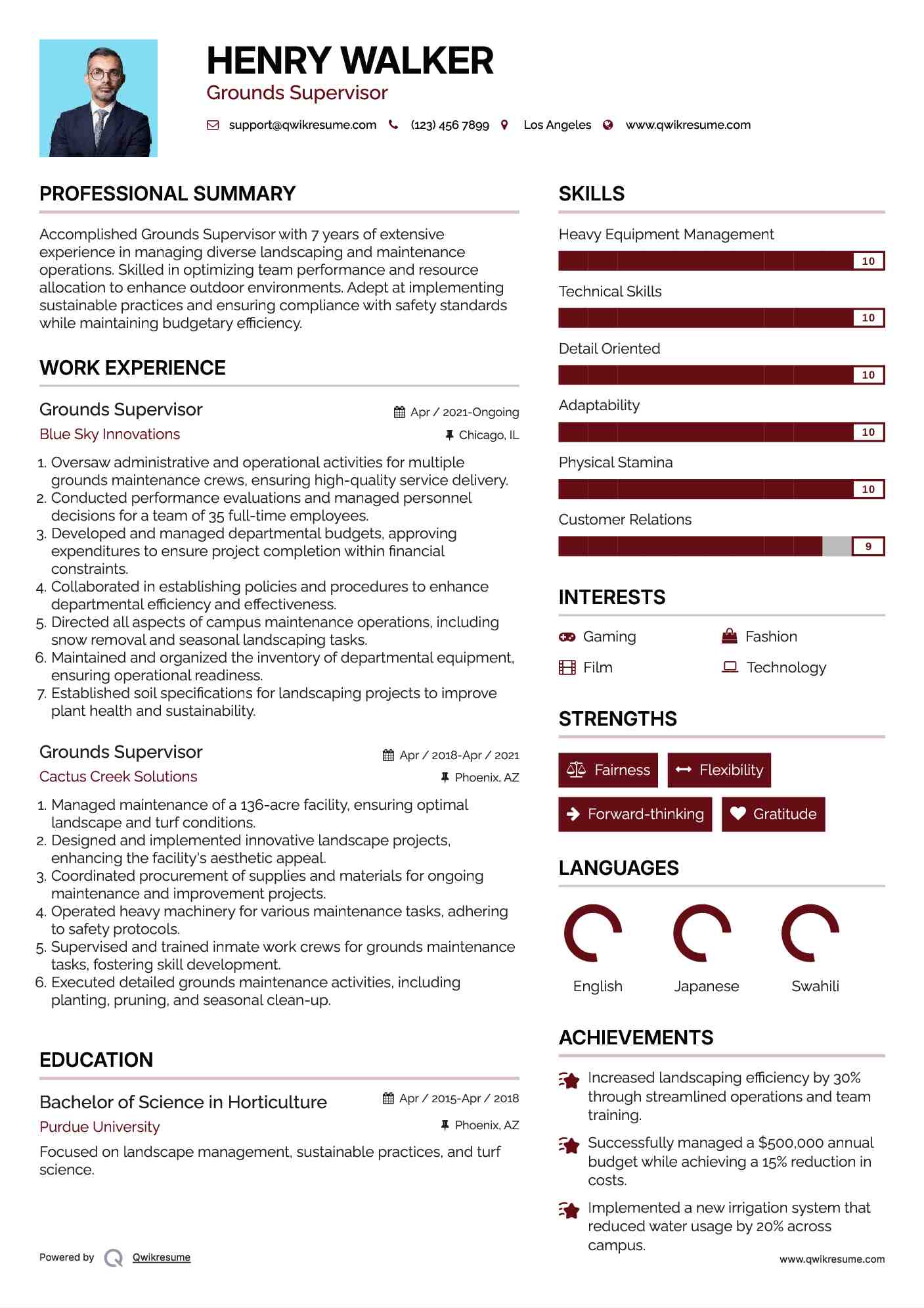 Grounds Supervisor Resume Samples QwikResume
